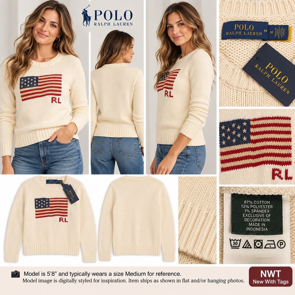 Polo Ralph Lauren NWT American Flag Sweater Cream Knit Size M Americana